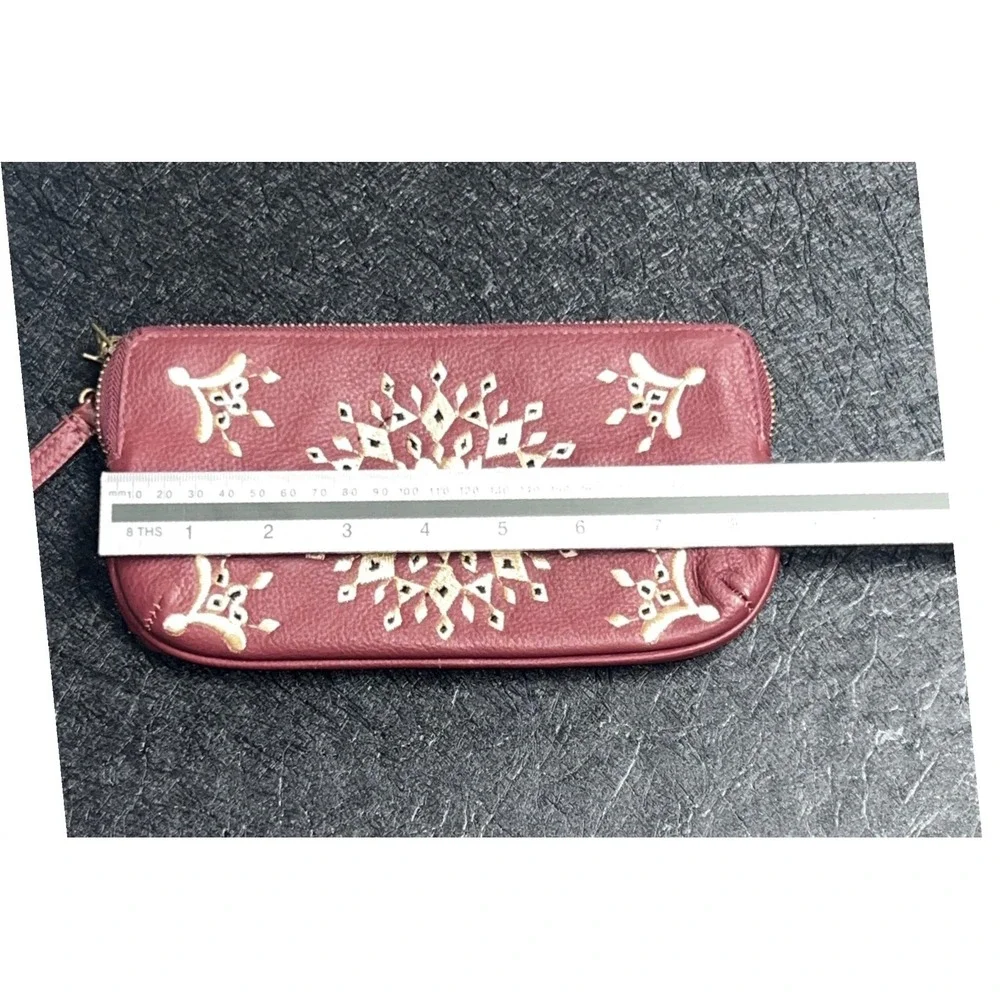 Lucky Brand Embroidered Leather Wristlet Pouch Women OS Burgundy Good Boho
